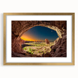Extra large abstract art print featuring textured scenery of Arches National Park, Utah, in a gold frame.