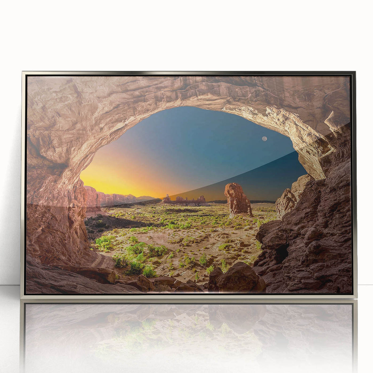 Mid-century modernist art depicting Utah's Arches National Park in muted earth tones on a silver-framed acrylic print.