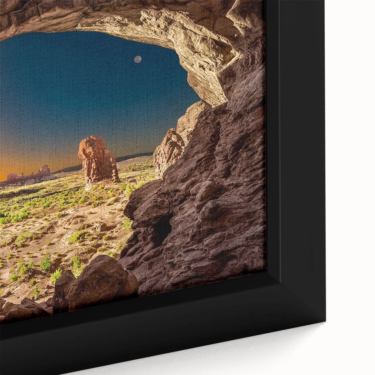 Extra large framed canvas featuring a textured depiction of Utah's Arches National Park in black with colorful accents.