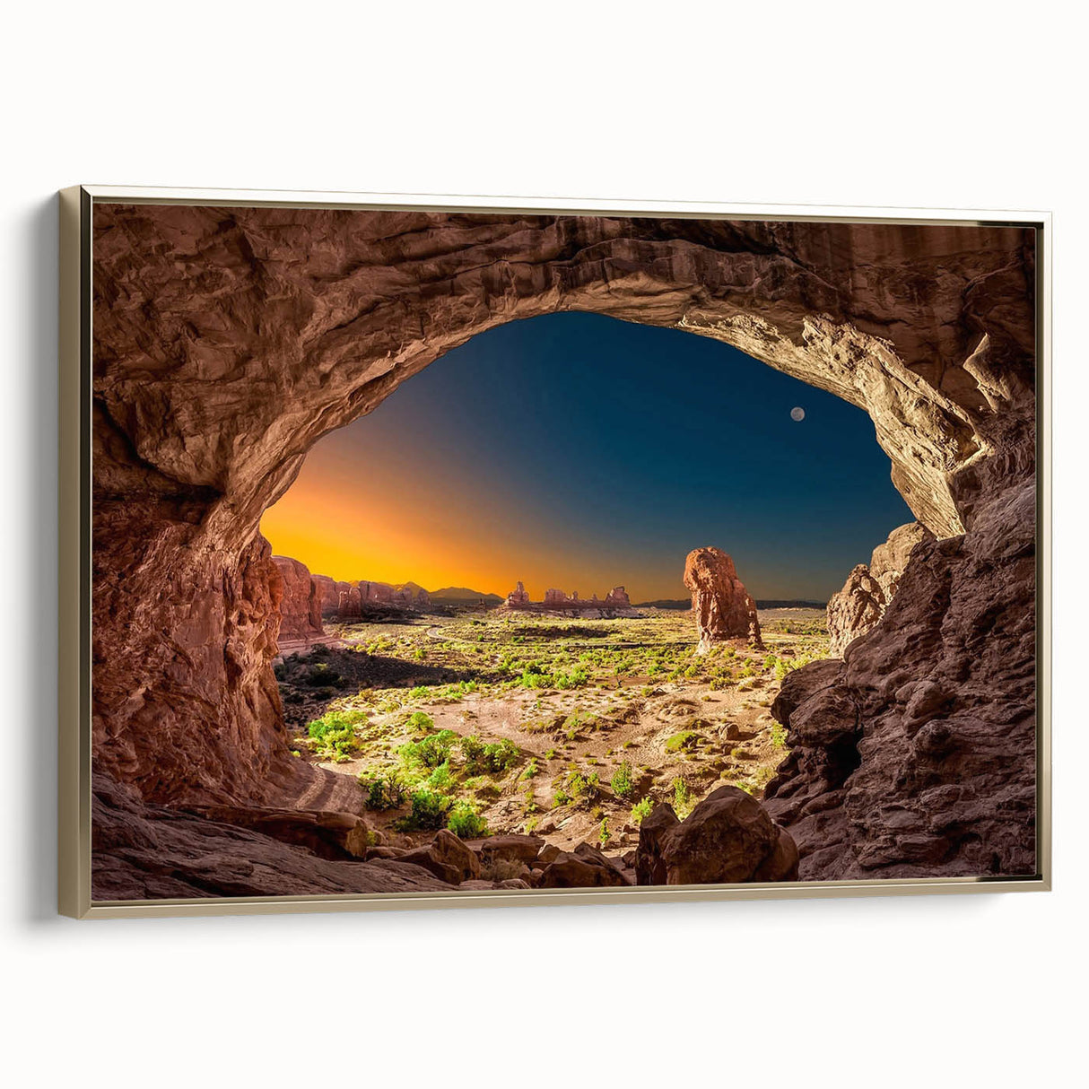 Framed canvas of Arches National Park in Utah with warm gold and black tones, ideal for bedroom wall art.
