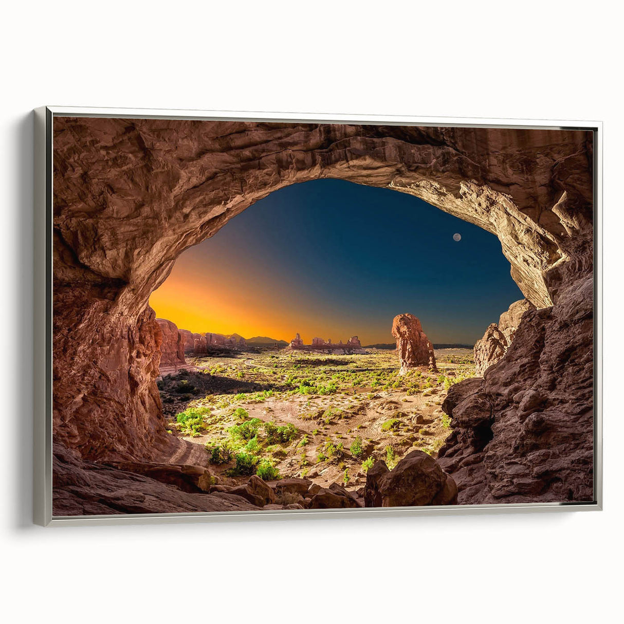 Landscape art painting of Arches National Park on a framed canvas, featuring vibrant red and orange tones.