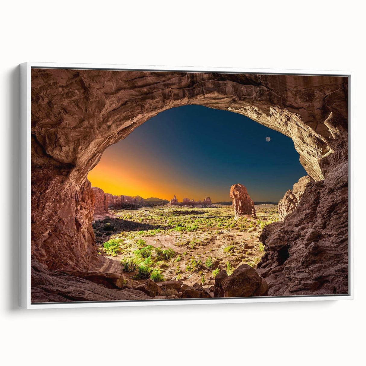Vintage poster art of Arches National Park on a framed canvas, featuring colorful art in extra large size.