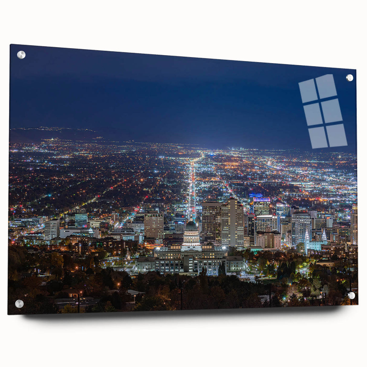 Acrylic print of Salt Lake City with vivid blue and green tones, suitable for bedroom or dining room decor.