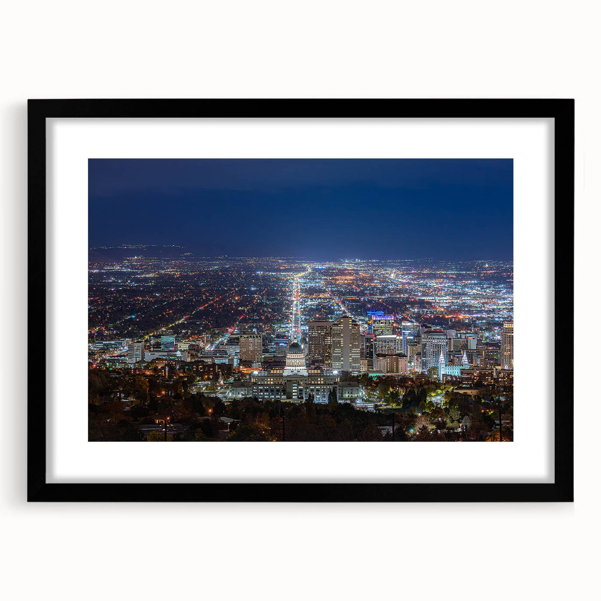 Extra large abstract art print of Salt Lake City with vibrant, textured colors on a black framed canvas.