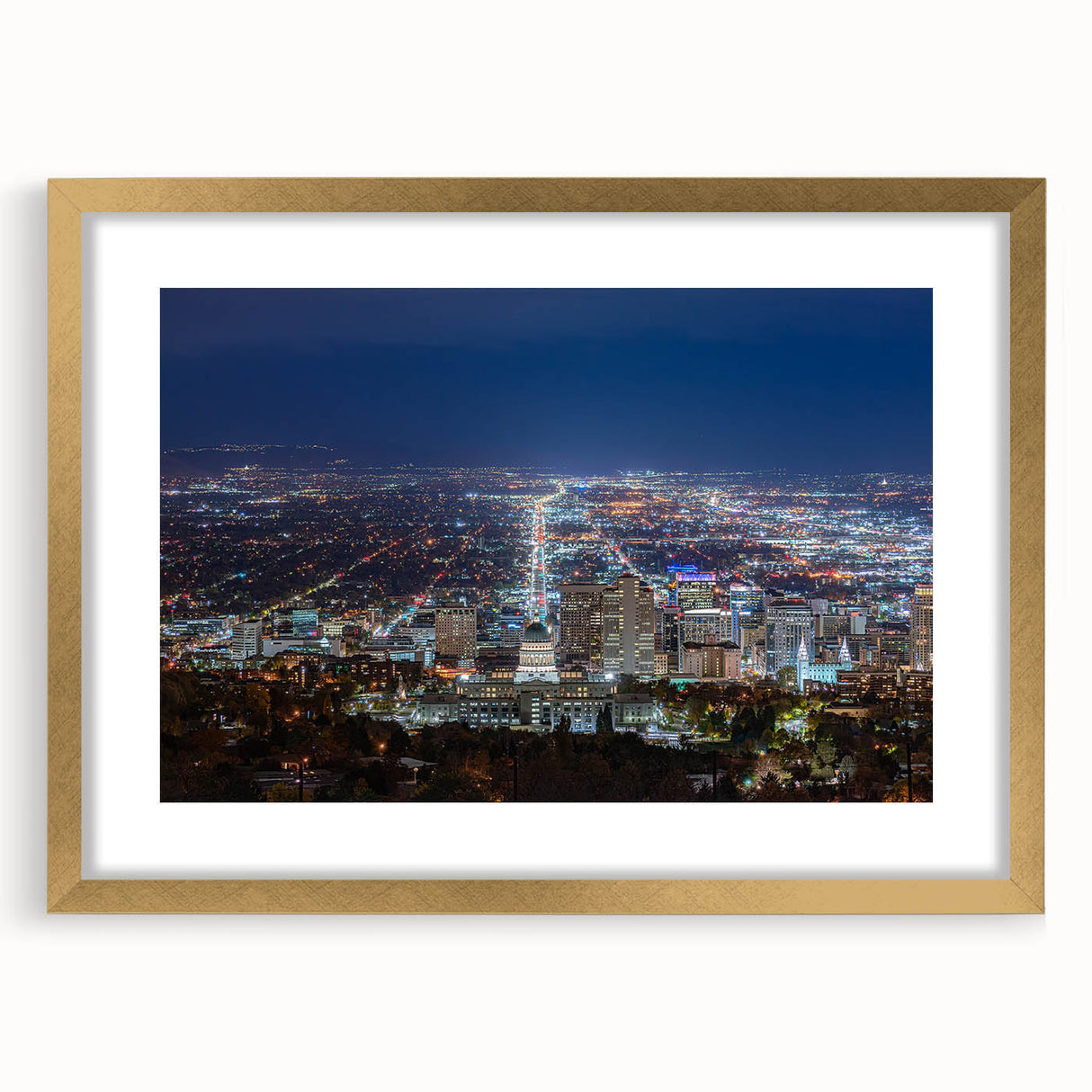 Extra large abstract art print of Salt Lake City, featuring textured strokes in muted earth tones on a framed canvas.