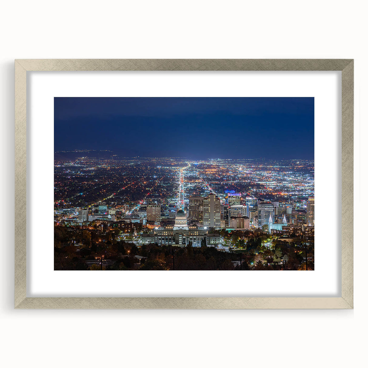 Textured abstract art print of Salt Lake City in muted earth tones on a framed canvas, suitable for bedroom art.
