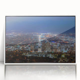 Acrylic print of Salt Lake City with modern art deco design in muted colors, framed in white.