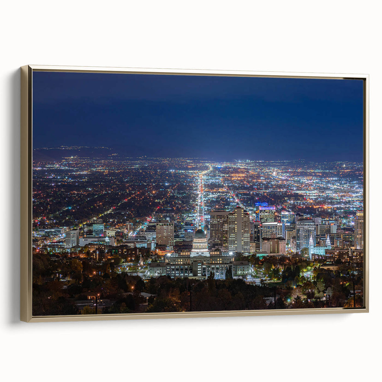 Framed canvas featuring a vintage-style landscape painting of Salt Lake City in black and gold tones.