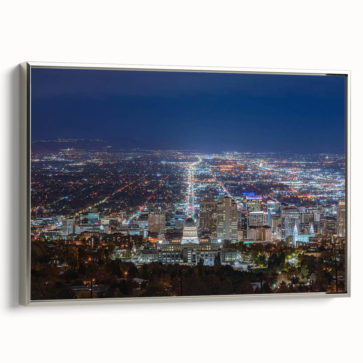 Framed canvas landscape art painting depicting Salt Lake City with vibrant colors on a black background.
