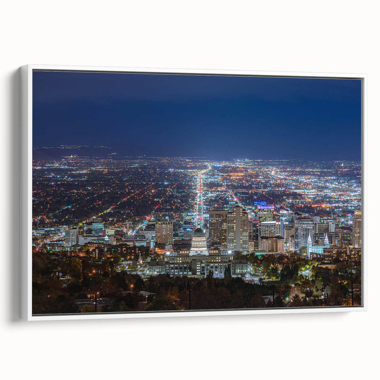 Vintage poster art of Salt Lake City with colorful palette on extra large framed canvas, ideal for living room decor.