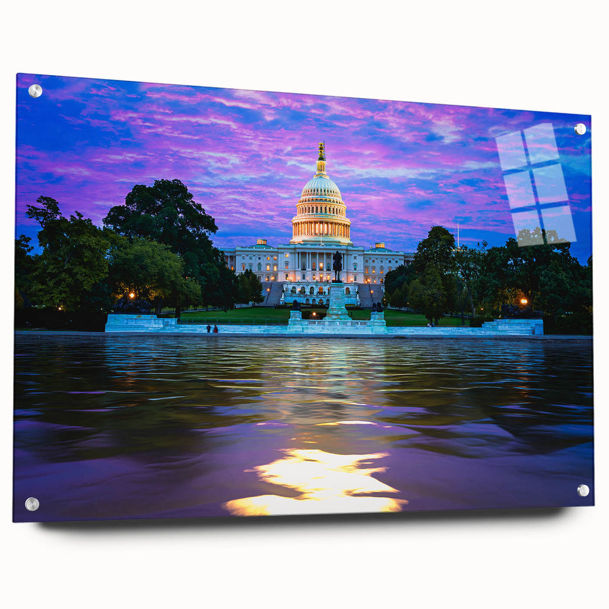 Acrylic print of Washington DC Capitol in muted gray and blue tones, suitable for dining room decor.