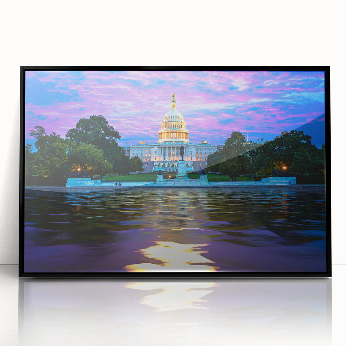 Large abstract depiction of the Washington DC Capitol in black and white tones on a framed acrylic.
