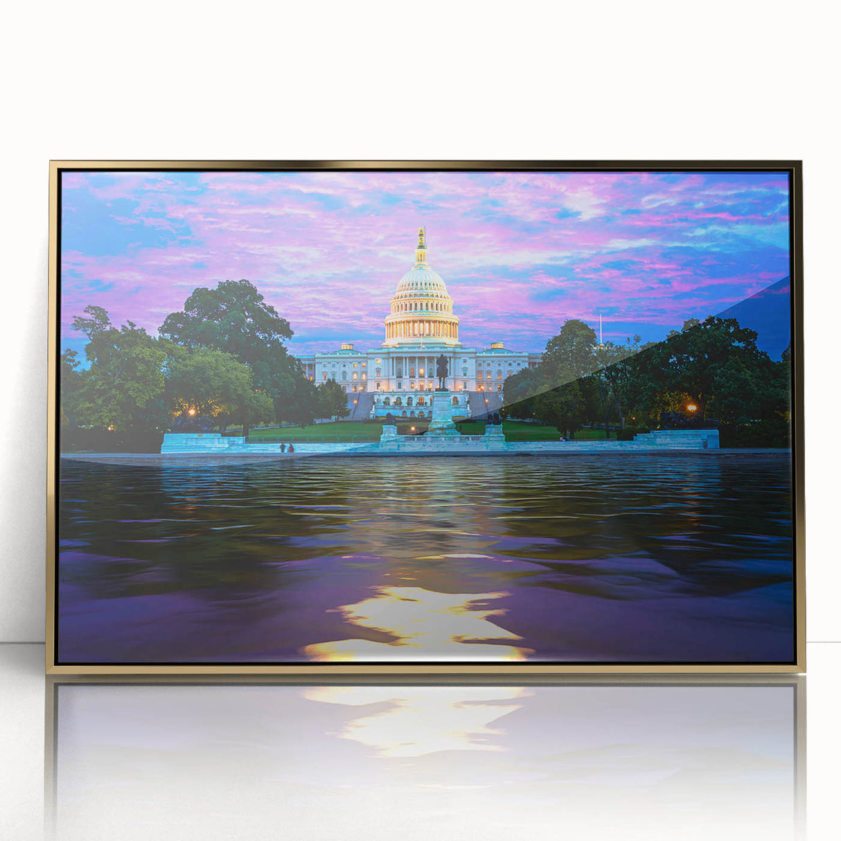 Large art print of the Washington DC Capitol in mid-century modernist style, framed in gold acrylic.