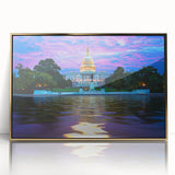 Large art print of the Washington DC Capitol in mid-century modernist style, framed in gold acrylic.
