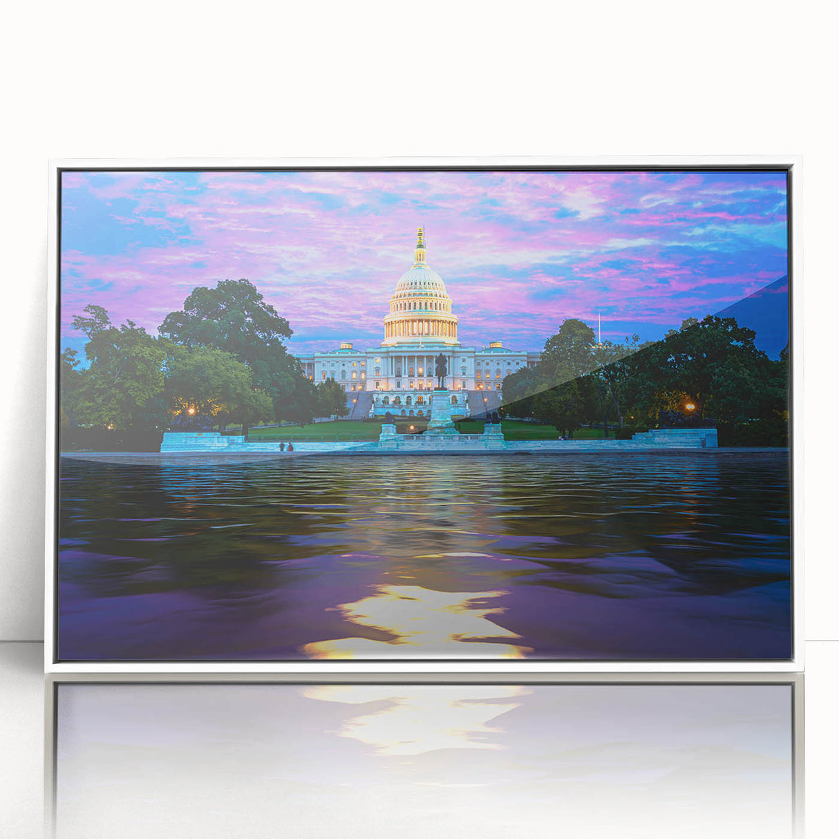 Art deco poster of Washington D.C. Capitol in muted gray tones on framed acrylic, suitable for modern art wall decor.