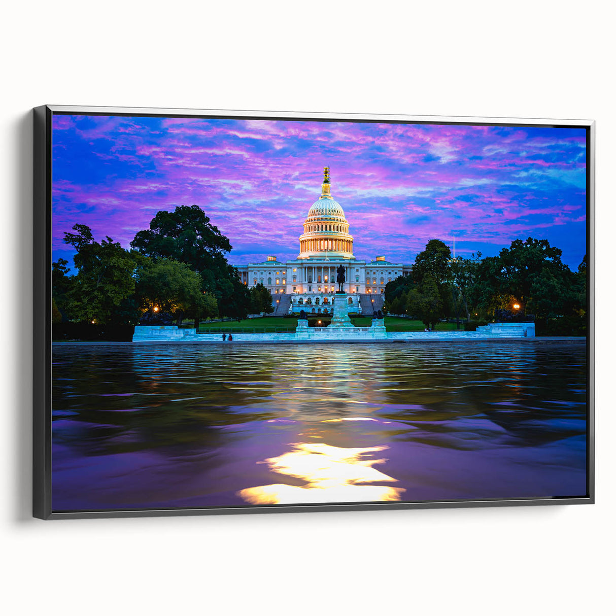 Black and white framed canvas of Washington D.C. Capitol, ideal for bedroom landscape art with a vintage poster feel.