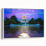 Vintage poster art of Washington D.C. Capitol on framed canvas, featuring a monochrome palette, ideal for living room decor.