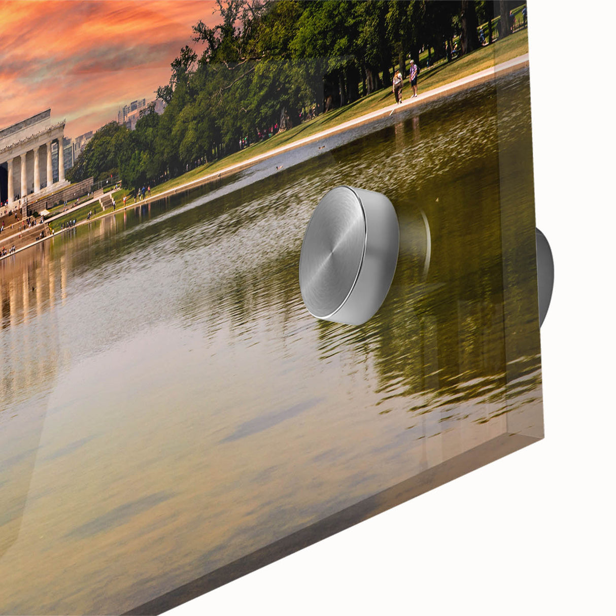 Acrylic print of an abstract depiction of the Lincoln Memorial in muted gray and blue tones, suitable for dining room art.