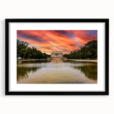 Abstract art print of Washington DC Lincoln Memorial in vibrant colors on a large framed canvas.