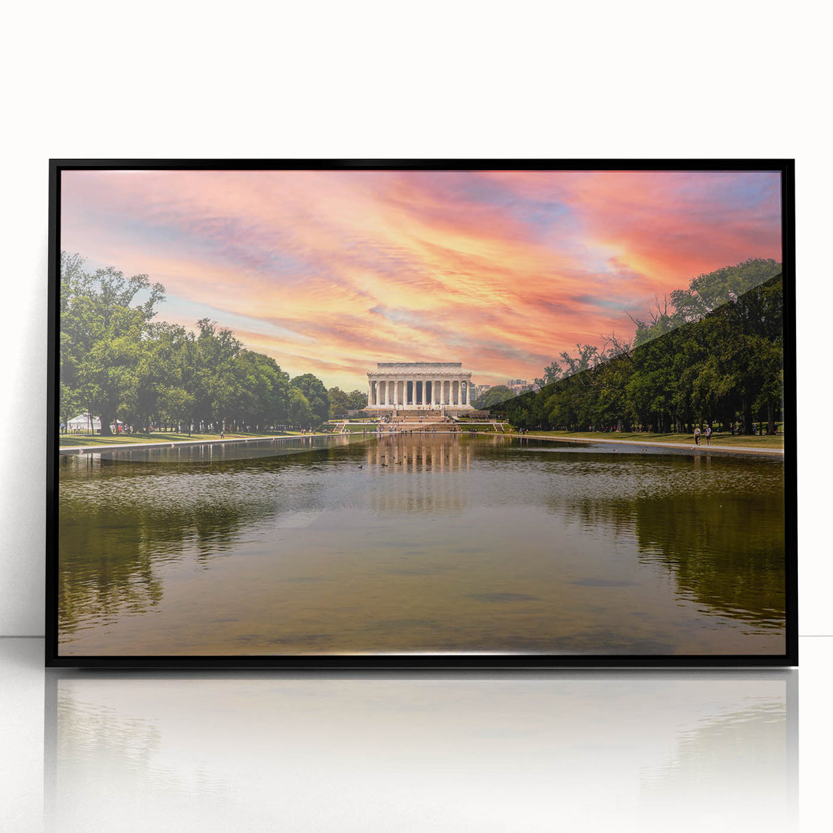 Large abstract wall art depicting the Lincoln Memorial in monochrome tones on a framed acrylic.