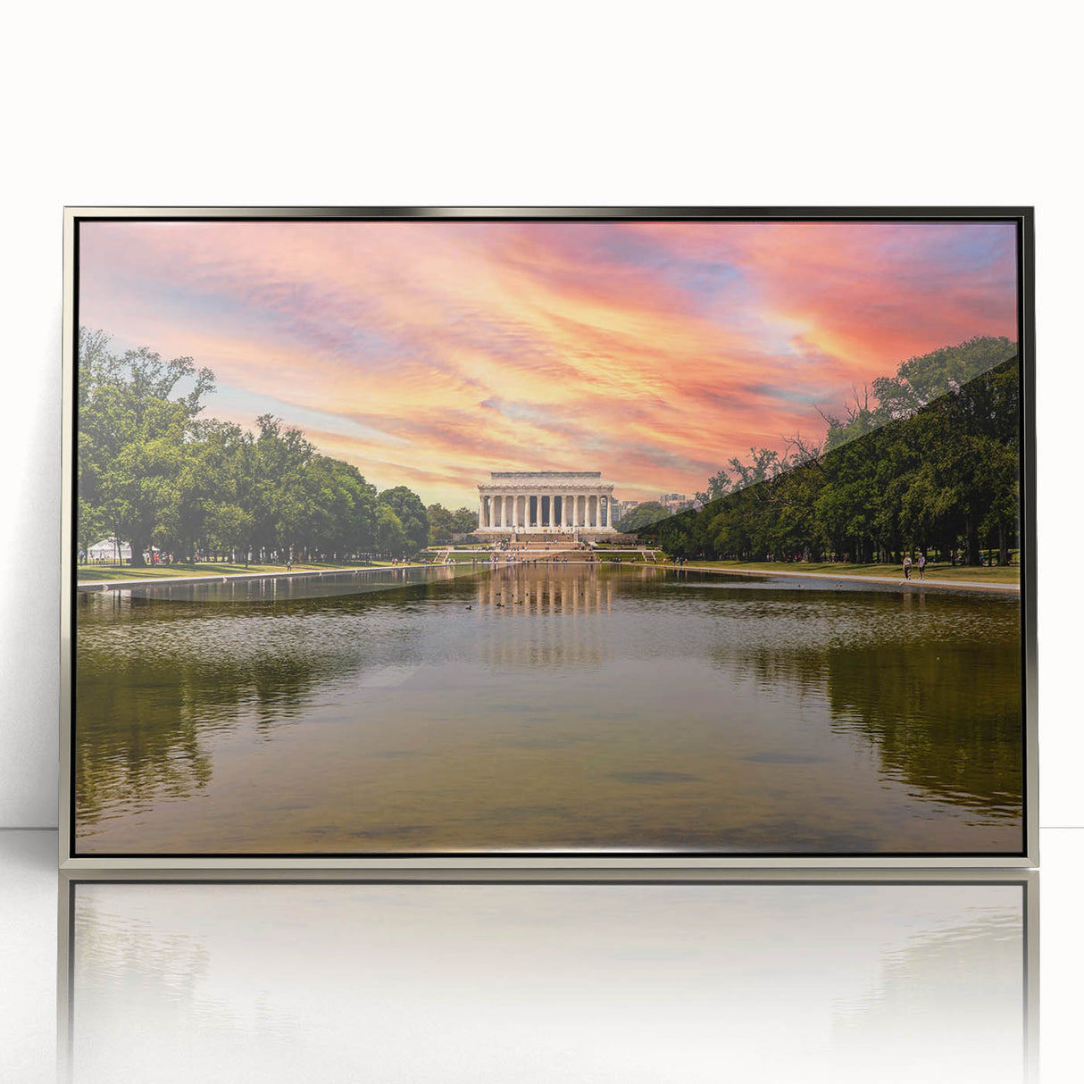 Mid-century modernist art of the Lincoln Memorial in muted gray tones on a framed acrylic, ideal for modern art wall decor.