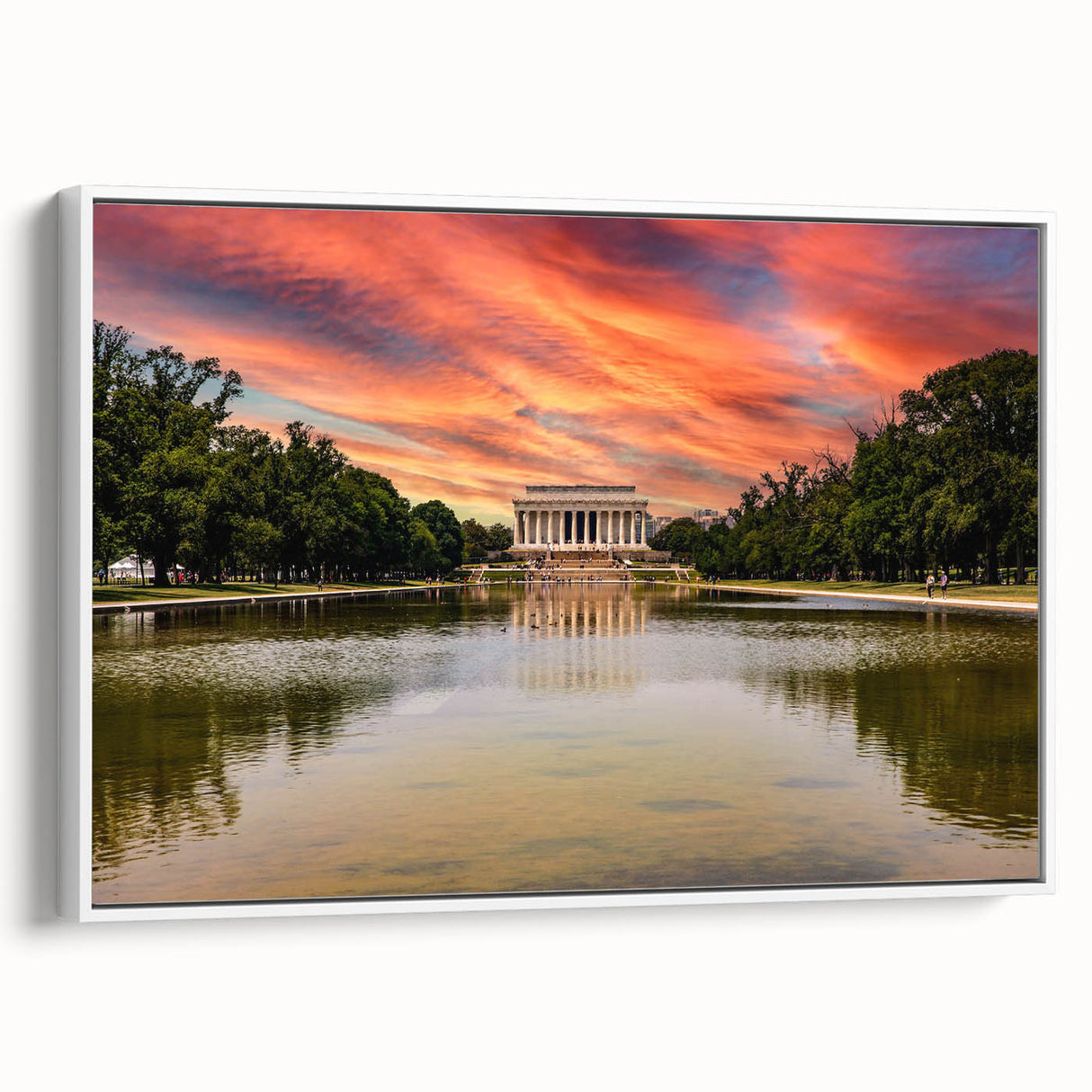 Vintage poster art of the Lincoln Memorial in muted colors on a white-framed canvas, ideal for living room decor.