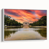 Vintage poster art of the Lincoln Memorial in muted colors on a white-framed canvas, ideal for living room decor.