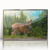 Mid-century modernist art of Olympic National Park in muted earth tones on a silver-framed acrylic print.