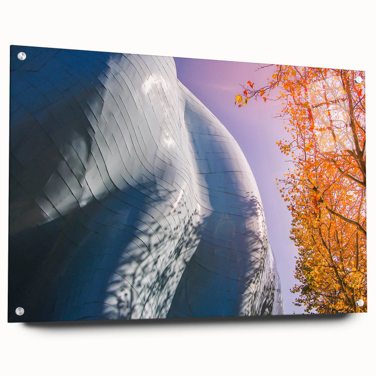 Acrylic print of Seattle skyline in muted blue tones, ideal for modern dining room decor.