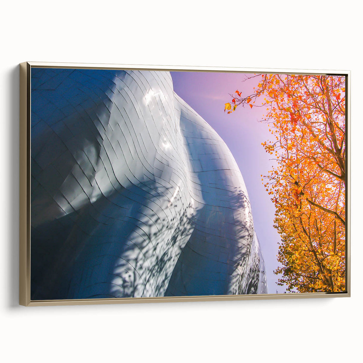 Framed canvas wall art of Seattle skyline in muted gold and black tones, suitable for bedroom decor.