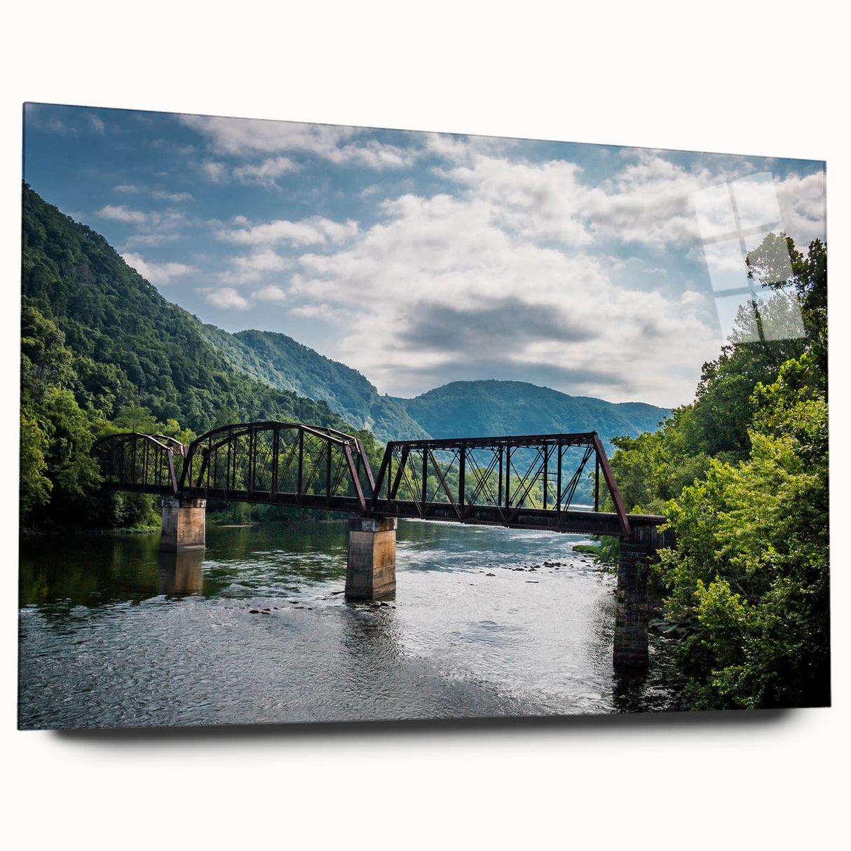 Acrylic print of a large abstract depiction of West Virginia scenery, in muted earth tones.
