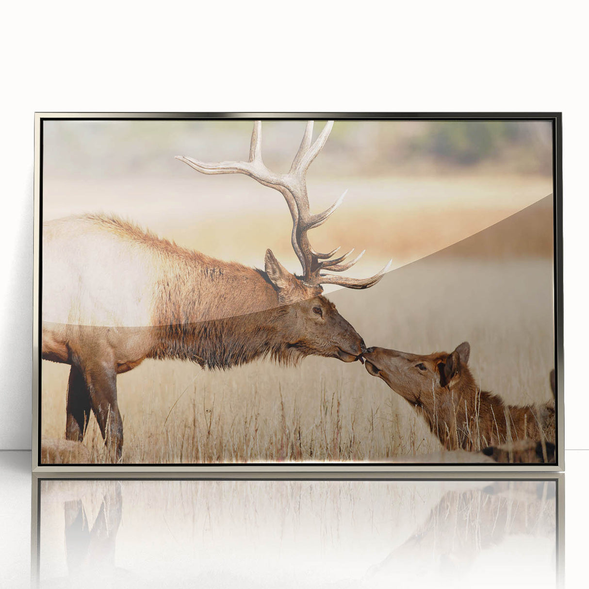 Mid-century modernist art of Yellowstone scenery in silver-framed acrylic, featuring earthy tones.