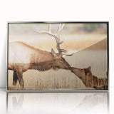 Mid-century modernist art of Yellowstone scenery in silver-framed acrylic, featuring earthy tones.