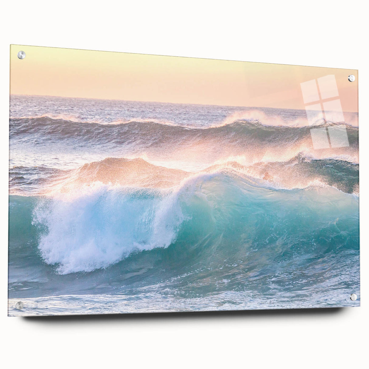 Large abstract wall art on acrylic glass featuring swirling blue and green tones, suited for bedroom or dining room decor.