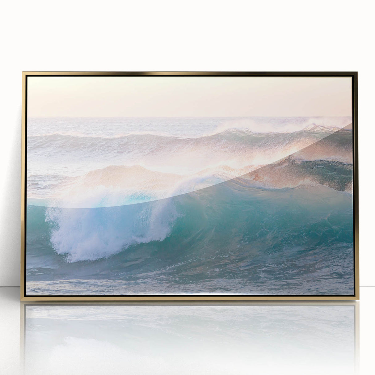 Large art print of a mid-century modernist summer scene in gold tones on acrylic, ideal for nursery wall decor.