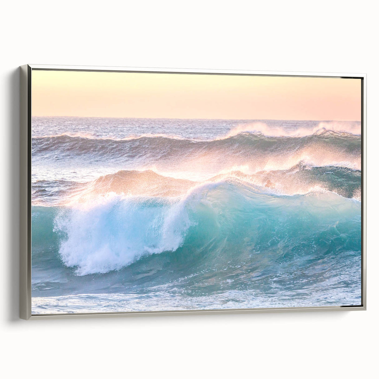 Landscape art painting on framed canvas, featuring a vintage poster style with colorful art on a black background.