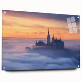 Side view of an acrylic landscape print showcasing a vibrant castle scene, elegantly displayed with pins on a glass surface, highlighting its rich colors and intricate details.