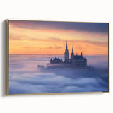 Framed canvas artwork showcasing a stunning landscape of a castle, featuring a gold frame that adds elegance, ideal for home decor and interior design enthusiasts.