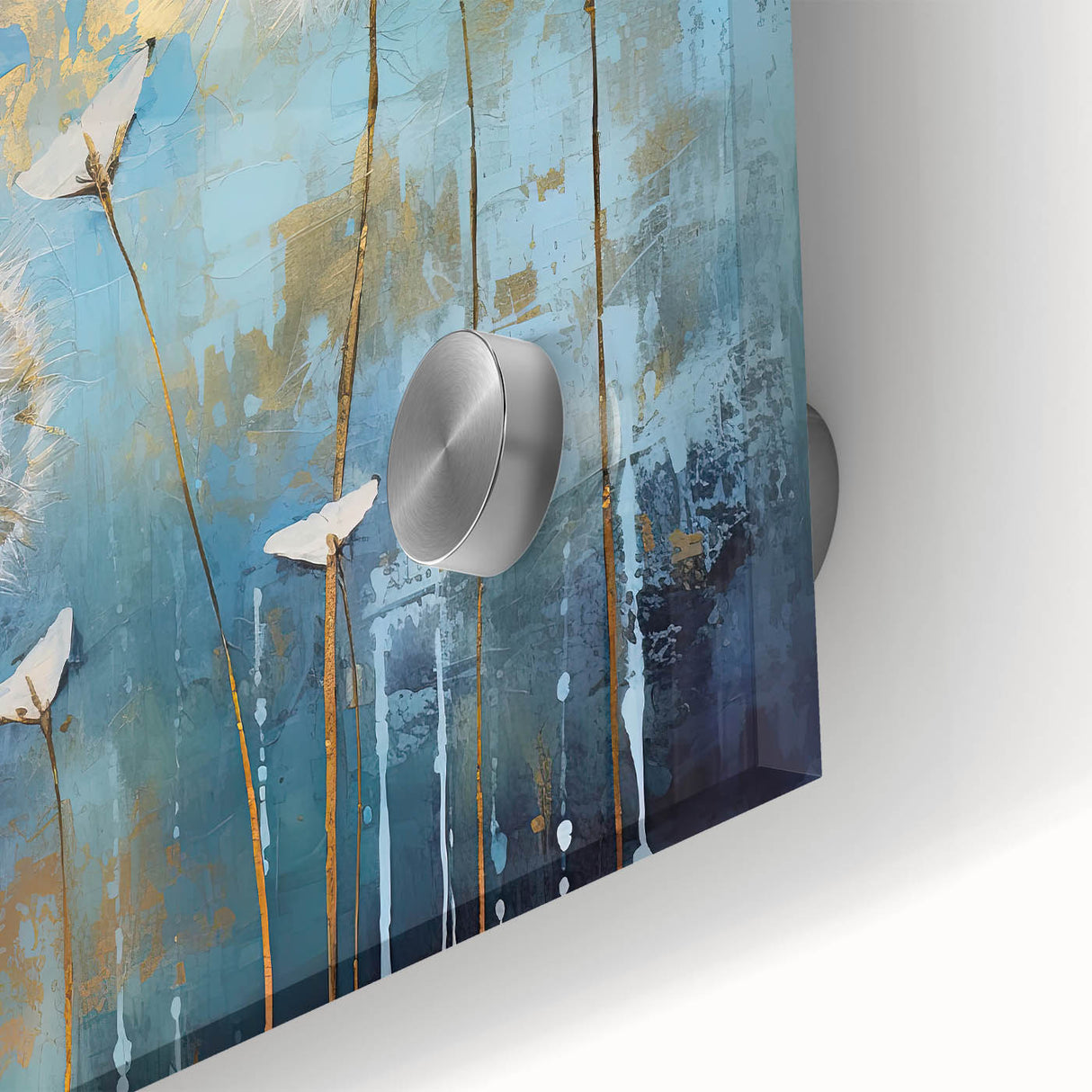 Gold & Blue Dandelion Dining Room Wall Art - Abstract Canvas