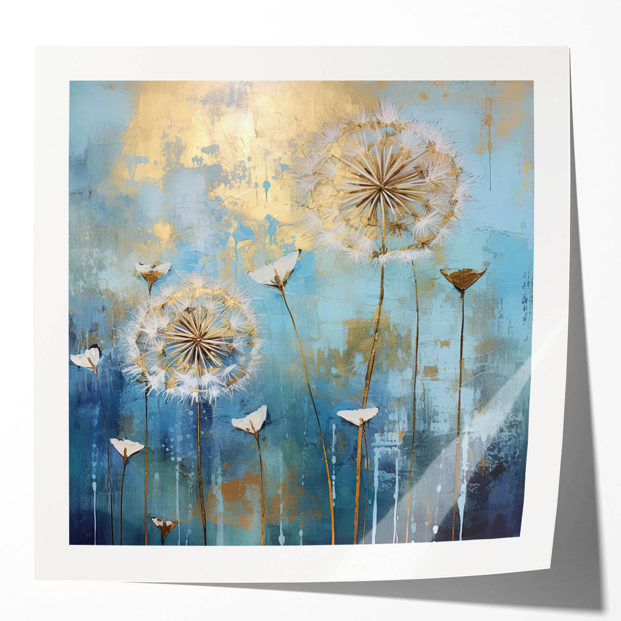 Gold & Blue Dandelion Dining Room Wall Art - Abstract Canvas
