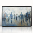 Abstract figurative art piece in a sleek black frame, showcasing dynamic shapes and vibrant colors against a white background, ideal for modern decor.