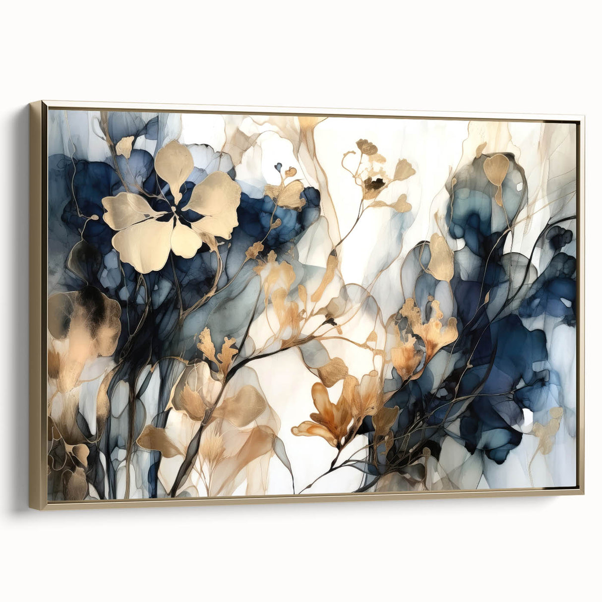 Framed canvas wall art featuring abstract floral designs in gold tones, showcasing intricate details and rich textures, perfect for modern decor.