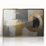 Framed acrylic wall art featuring a modern abstract geometric design in gold tones, ideal for contemporary home decor, showcasing clean lines and vibrant shapes.