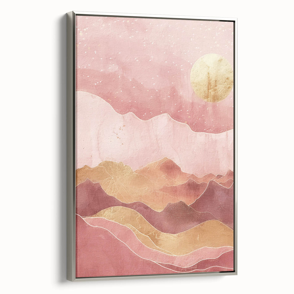 Modern abstract landscape wall art in a sleek silver frame, showcasing vibrant colors and textured patterns, ideal for contemporary home decor.
