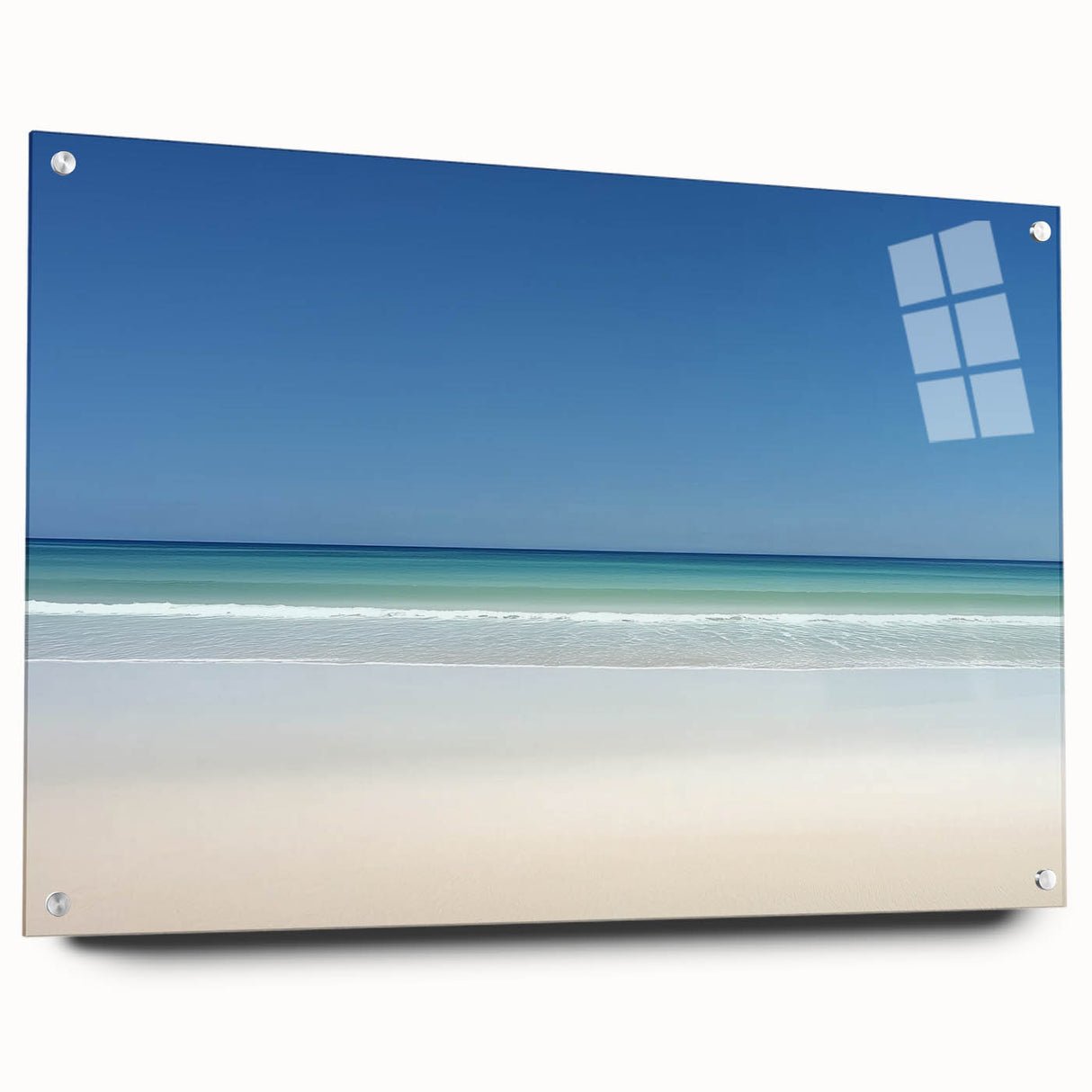 Landscape acrylic artwork depicting serene beaches, showcasing vibrant colors and intricate details, displayed in a side view with pins for mounting.