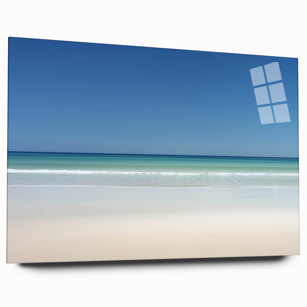 Acrylic glass artwork displaying a vibrant beach landscape, showcasing clear blue skies and golden sands, viewed from the side without pins, perfect for coastal decor.
