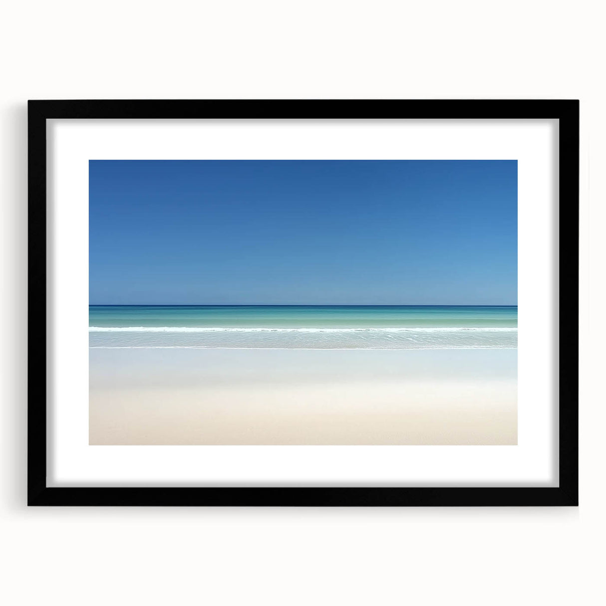 Black frame showcasing a landscape print of serene beaches, enhanced with a white mat for a sophisticated look, perfect for home decor or coastal-themed rooms.