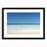 Black frame showcasing a landscape print of serene beaches, enhanced with a white mat for a sophisticated look, perfect for home decor or coastal-themed rooms.