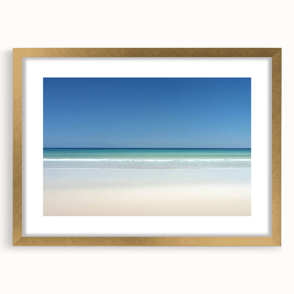 Framed landscape artwork showcasing a serene beach scene, featuring golden matting and a sleek gold frame, perfect for enhancing home decor aesthetics.