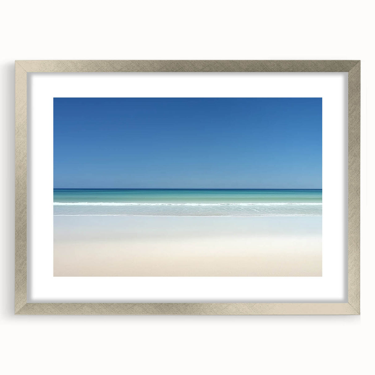 Landscape frame showcasing a picturesque beach scene with a silver mat, perfect for elevating home decor. Ideal for coastal-themed interiors or art collectors.